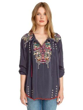 Johnny Was Dragonfly Floral Embroidered Boho Tunic Top Patterns Size S